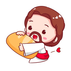 Cute Jesus holding bread cartoon character. Christianity concept design. Bible story vector illustration.