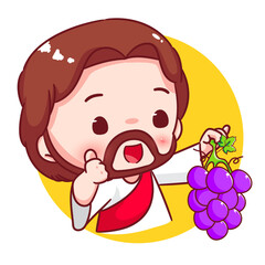 Cute Jesus holding grape fruit cartoon character. Christianity concept design. Bible story vector illustration.