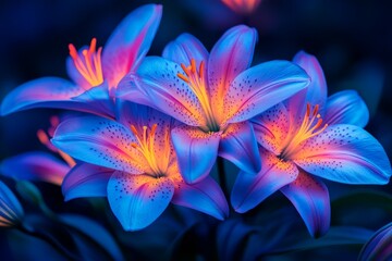 Fototapeta premium Brightly colored lilies bloom in vibrant shades at night in a serene garden setting