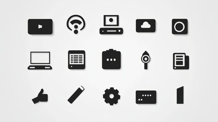 A versatile collection of 15 high-quality black and white vector icons representing essential technology and application symbols.
