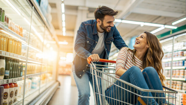 young couple shopping and playing in supermarket