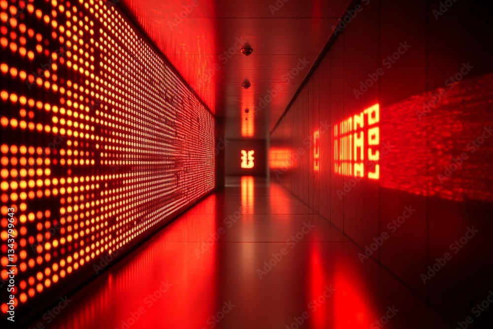 Poster Vivid red corridor illuminated with LED lights showcasing modern design and technology in a contemporary setting