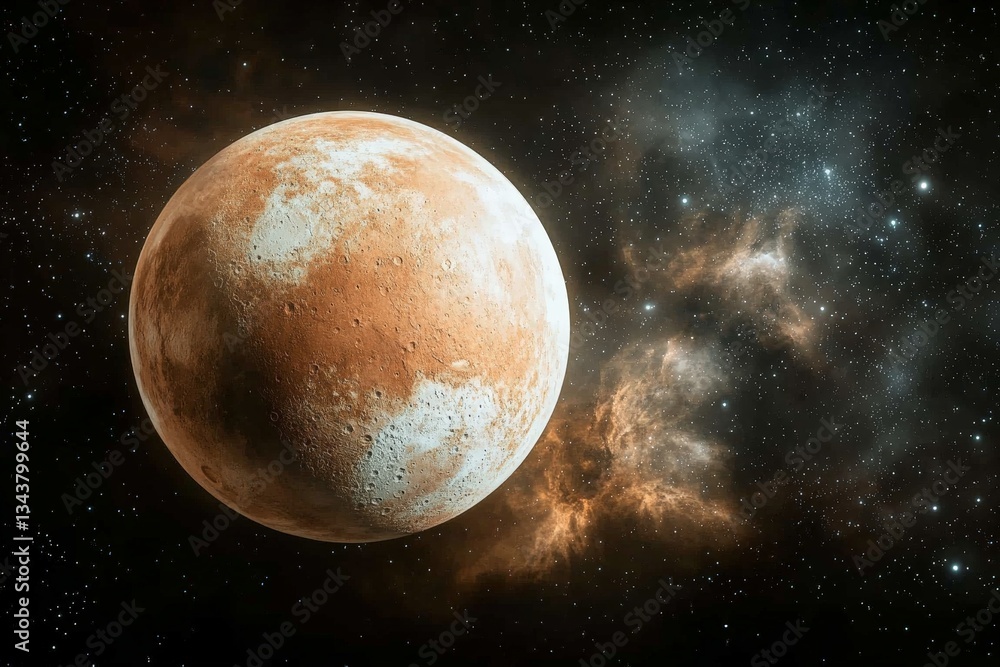 Poster Planet Mars illuminated against a backdrop of distant stars and cosmic clouds in the vast universe