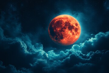 Obraz premium Full orange moon glowing brightly against a dark, cloudy night sky