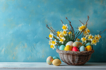Wicker basket filled with colorful Easter eggs and daffodils on a wooden table. 
