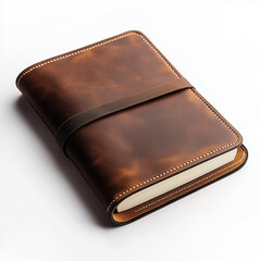 Elegant leather-bound notebook with elastic closure resting on a white surface