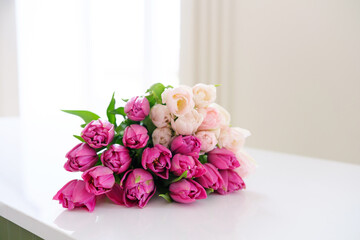 Pastel Tulip Bouquet on Minimalist White Table