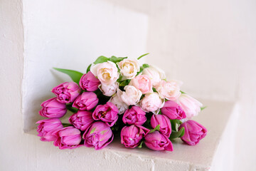 Elegant Tulip Bouquet on Minimalist White Stairs