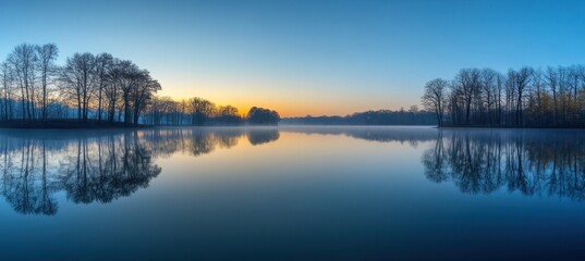 Obraz premium Serene Sunrise over Tranquil Lake and Trees