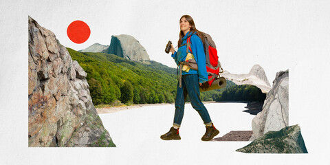 Young woman with backpack and binoculars exploring nature, hiking through wild landscapes....