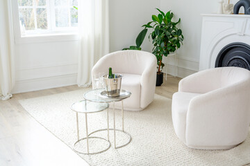 Elegant Living Room with Sparkling wine  Setup and Fireplace