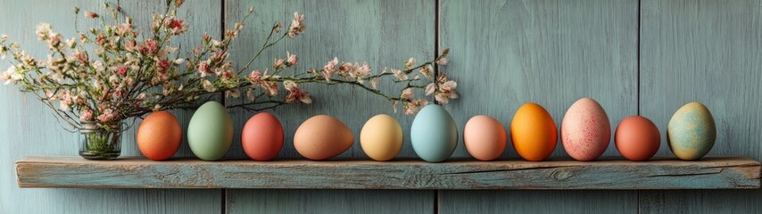 Colorful Easter Eggs Displayed on a Rustic Wooden Shelf with Flowers