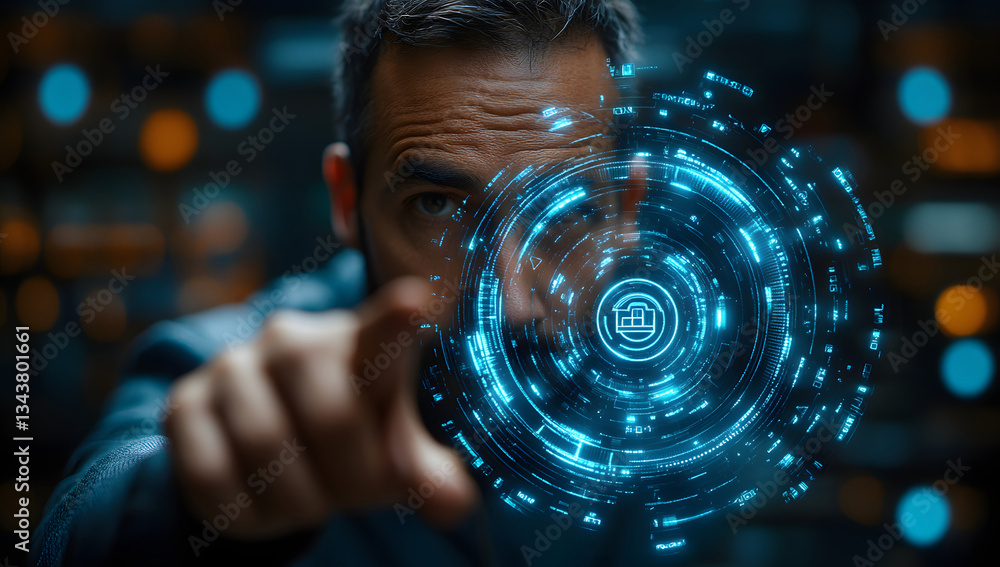 Poster man interacting with futuristic holographic interface, data security concept