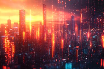 Fototapeta premium City skyline illuminated by vibrant sunset and digital elements showcasing modern architecture