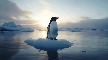 Fototapeta premium A penguin is standing on a piece of ice in the ocean