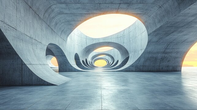 Abstract architectural space with curved concrete structures and soft lighting
