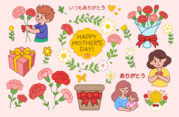 母の日のカーネーションとプレゼントボックスのシンプルイラスト
