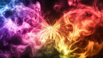 Fototapeta premium Colorful smoke butterfly wings, dark background, abstract art, design element