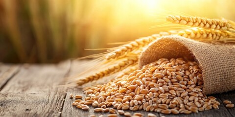 Golden Wheat Harvest: Rustic Still Life of Grains Spilling from Burlap Sack