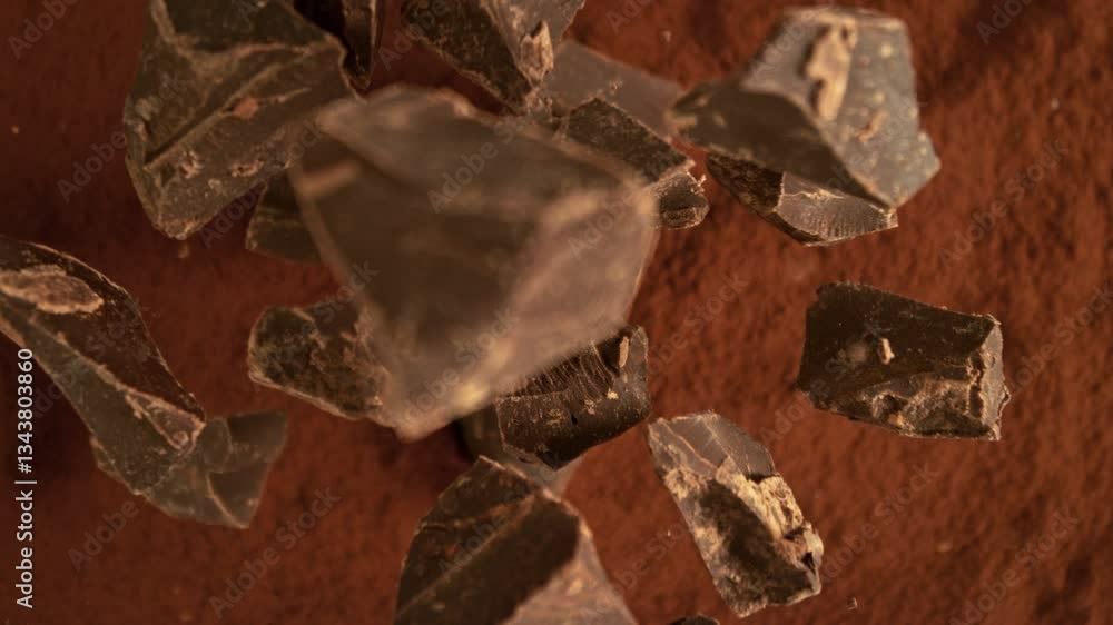 Poster super slow motion of falling group of chocolate pieces. falling down into cocoa powder. filmed on hi