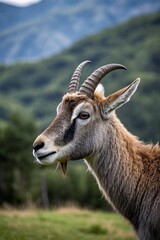 Obraz premium there is a goat with horns standing in a field with mountains in the background