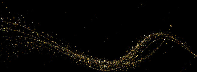 Golden glistering background with sparkling wave dust and abstract star trails. Perfect for festive greetings, New Year banners, cosmic fireworks, or luxury seasonal effects. Vector illustration. © Ольга Боярина