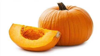 Obraz premium Whole pumpkin and slice of pumpkin isolated on white background. 