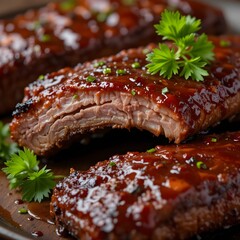Barbecue Ribs - Succulent, smoky pork ribs glazed with a rich, sticky barbecue sauce and garnished with fresh parsley
