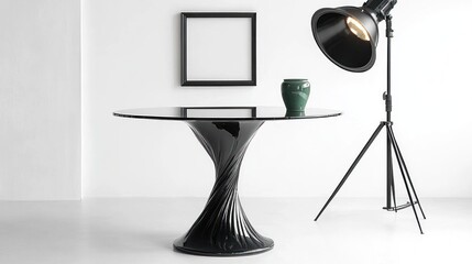 Modern black round table in minimalist studio with empty frame and spotlight