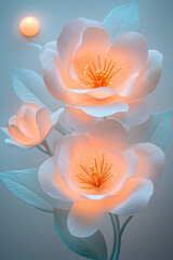 Cinematic close-up of softly textured pink paper flowers highlighted by golden stamens, teal leaves