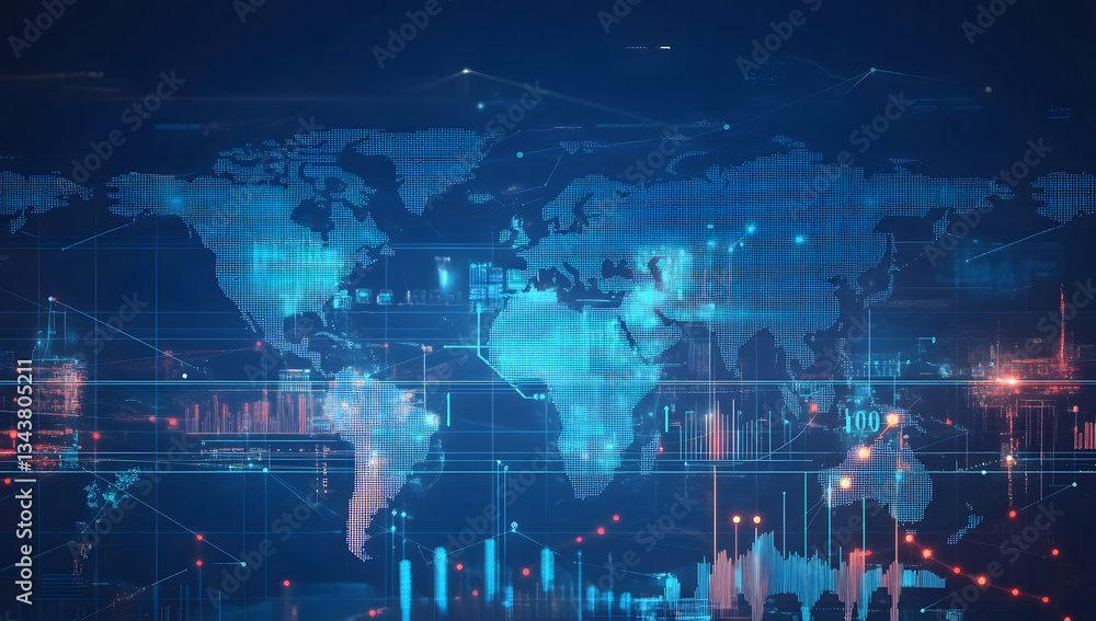 Poster global network data visualization futuristic world map with data analytics