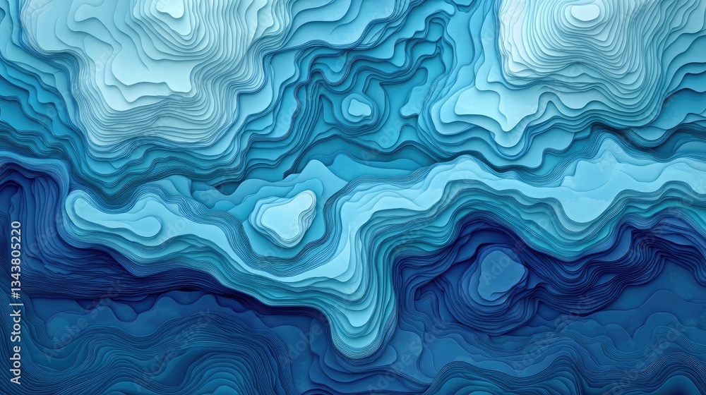 Poster abstract ocean-inspired wave patterns in shades of blue, creating a serene and calming atmosphere