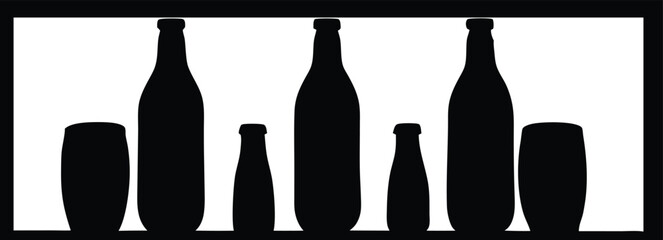 vector illustration of a bottle.Variety of beverage bottles displayed in an artistic arrangement with intricate designs and diverse shapes 
