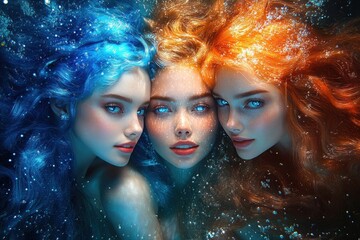 Obraz premium Three Ethereal Mermaids with Vibrant Hair Colors in Underwater Setting