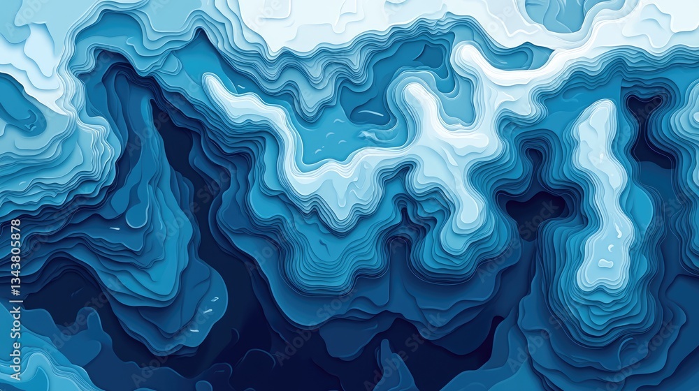 Poster abstract blue waves creating a dynamic flow, resembling ocean currents with layered textures and dep