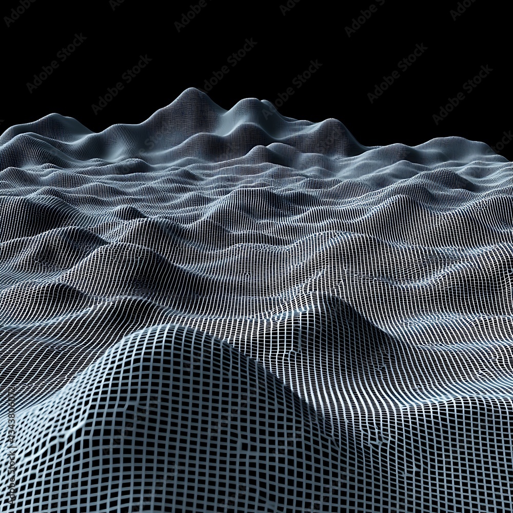Poster a rendered three dimensional surface with a gridded wireframe appearance