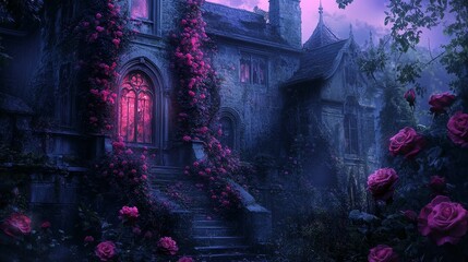 Fototapeta premium Gothic mansion shrouded in roses at twilight.