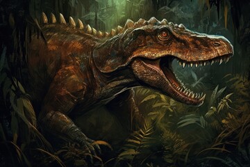 Stylized Spinosaurus Dinosaur Illustration in Prehistoric Jungle