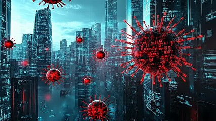 Futuristic cityscape with floating virus particles amidst towering skyscrapers at dusk - Powered by Adobe