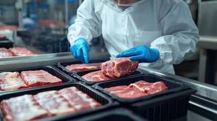 Worker in protective gear carefully arranging meat cuts in trays