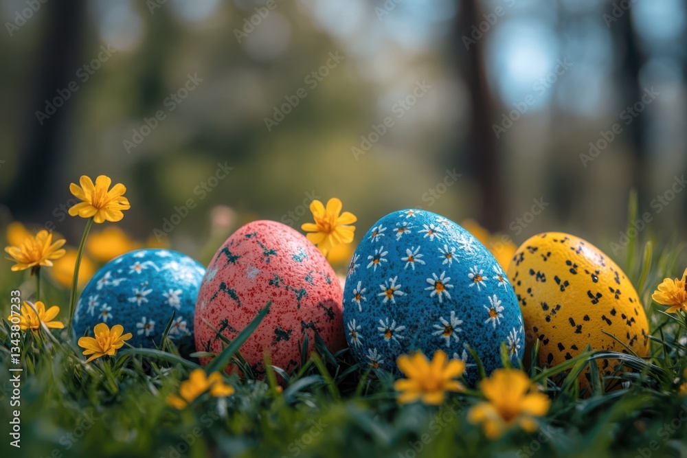 Poster an apple amidst colorful easter chaos. various easter-themed objects are scattered around, creating 