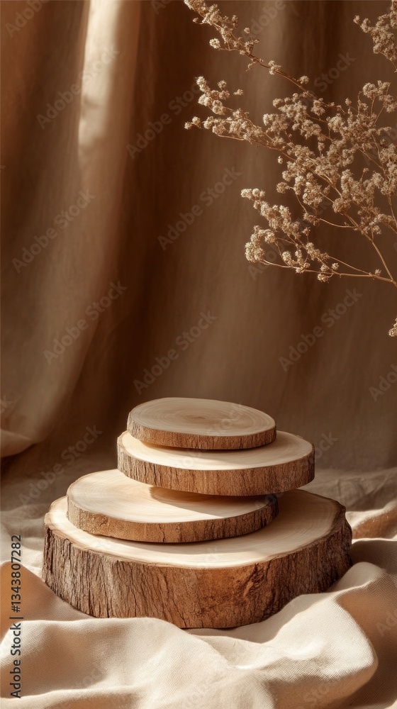 Poster three wooden discs of varying sizes are arranged artistically on a soft fabric backdrop. delicate dr