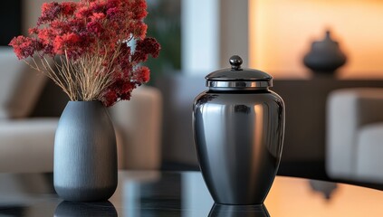 Elegant vase and urn on modern living room table.