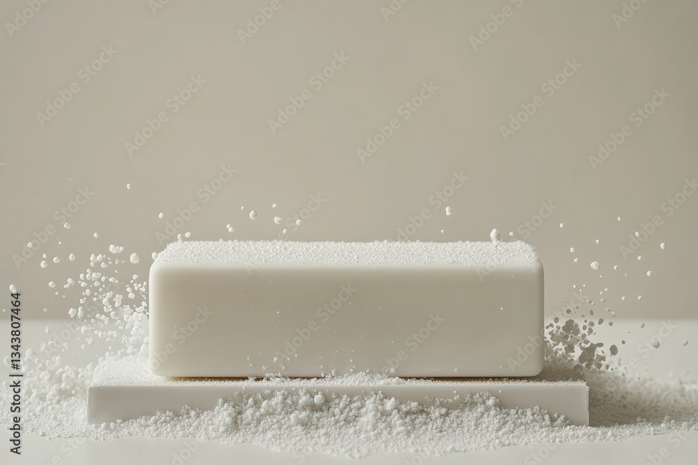 Poster white bar of soap surrounded by scattered granules creating a clean and refreshing atmosphere in a m