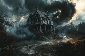 Fototapeta premium Haunted house under stormy skies dark road