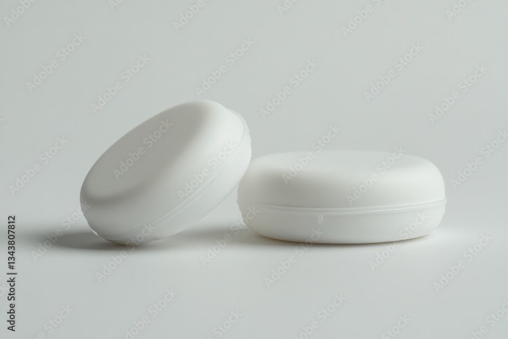 Aufkleber two round white containers on a plain surface in a minimalistic setting showcasing simple design and