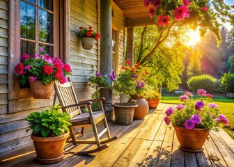 Fototapeta premium Charming Country House Porch: Summer Patio Decor with Petunias & Flower Pots
