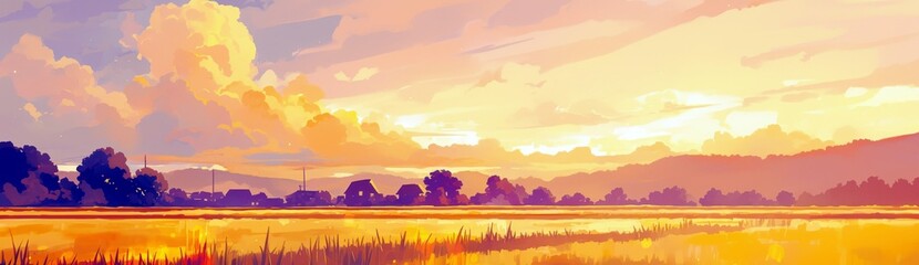Vibrant Sunset Over Golden Rice Fields with Soft Clouds and Silhouetted Trees in a Scenic Landscape of Tranquil Nature