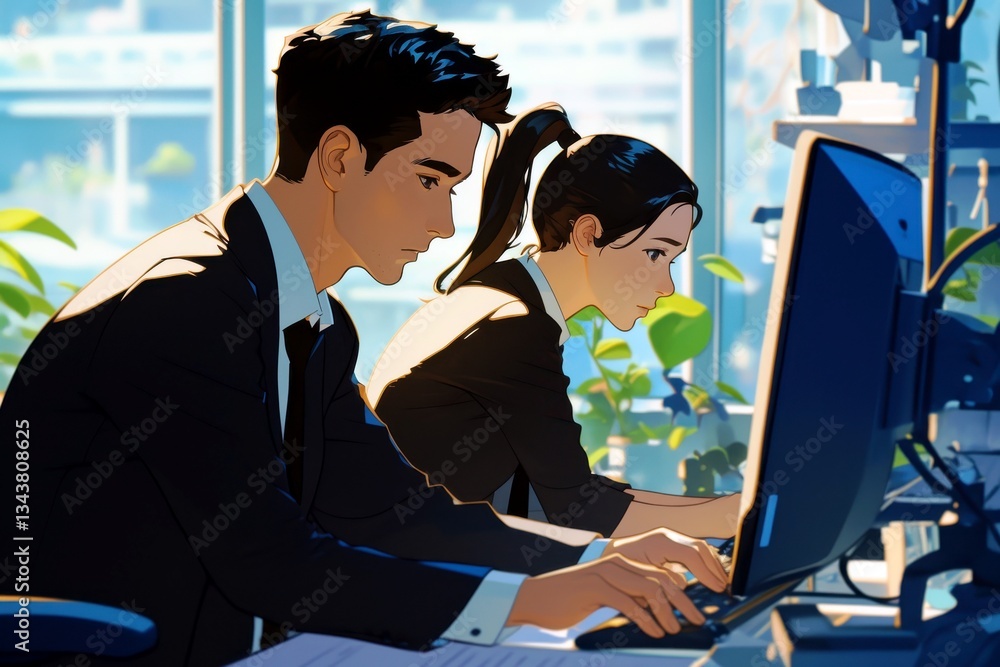 Poster professionals working in modern office setting with computer technology and natural light enhancing 