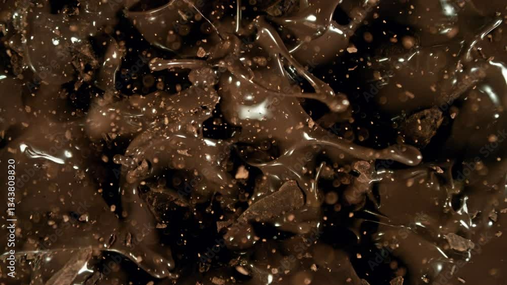 Poster super slow motion of falling group of chocolate chunks. moving down and splashing into melted chocol